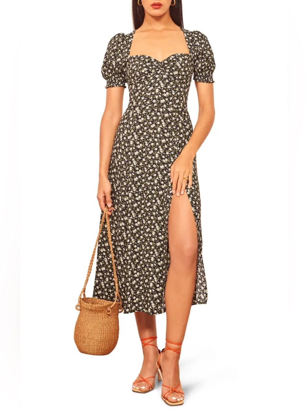 Reformation Lacey Smocked Sleeve Midi Dress Sweetheart Neckline Size 16 - Picture 3 of 10